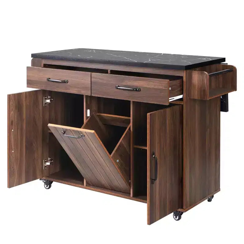Isola da cucina Pexfix con mobiletto per pattumiera Carrello da cucina con anta a ribalta, portaspezie, portasciugamani e cassetto con ripiano regolabile, noce