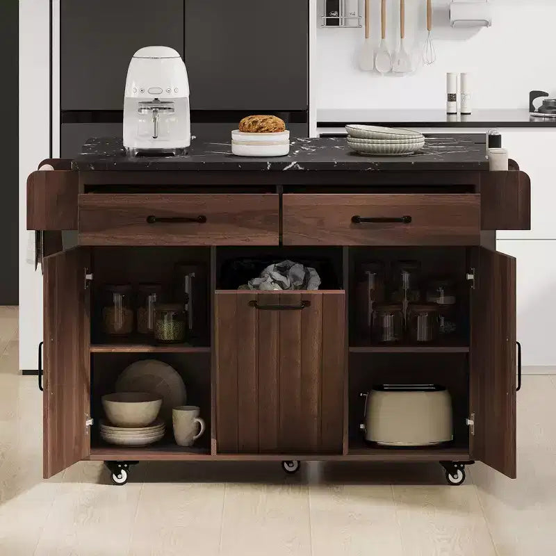 Isola da cucina Pexfix con mobiletto per pattumiera Carrello da cucina con anta a ribalta, portaspezie, portasciugamani e cassetto con ripiano regolabile, noce