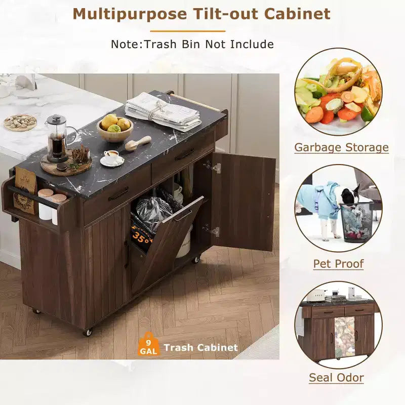 Isola da cucina Pexfix con mobiletto per pattumiera Carrello da cucina con anta a ribalta, portaspezie, portasciugamani e cassetto con ripiano regolabile, noce