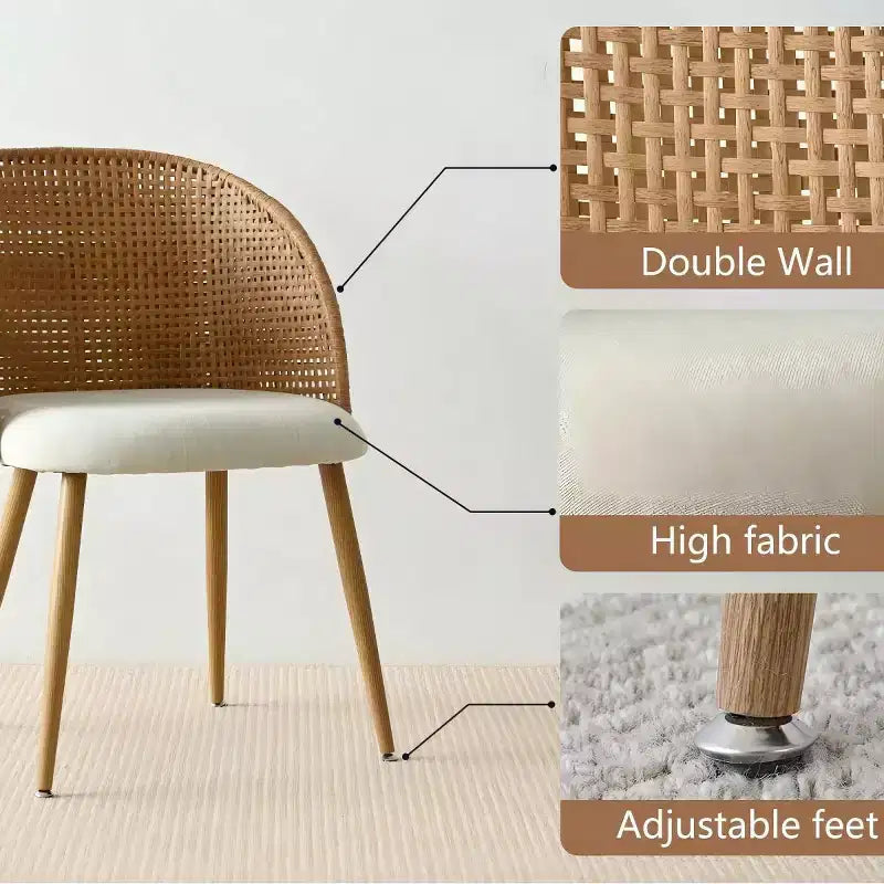 Sedie da Pranzo Imbottite in Rattan Set da 6/8, Sedie da Cucina a Botte Senza Braccioli in Lino con Schienale Curvo in Paglia di Vienna e Gambe in Metallo Effetto Legno - Panipeachy