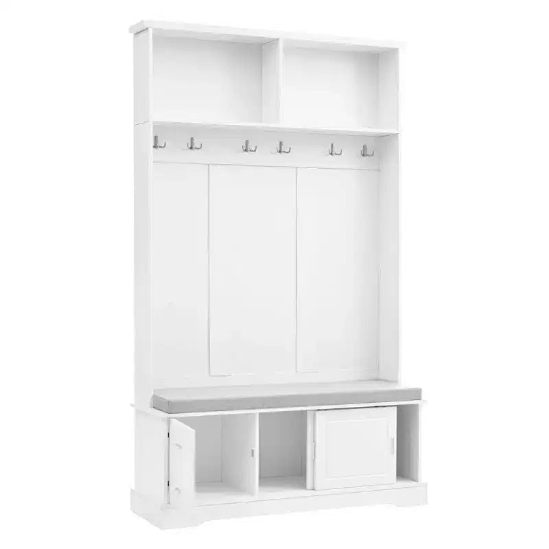 Okak Elegant Mobile Guardaroba con Ante Scorrevoli e 6 Ganci Argentati, Appendiabiti con Panca Imbottita e Scarpiera per Ingresso, Soggiorno, Bianco