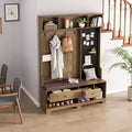 Okak Multi-Purpose Hall Tree with Removable Linen Cushioned Bench, Coat Rack with 4 Hooks, Storage Shelves and DIY Pegboard for Hallway, Brown