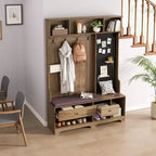 Okak Multi-Purpose Hall Tree with Removable Linen Cushioned Bench, Coat Rack with 4 Hooks, Storage Shelves and DIY Pegboard for Hallway, Brown