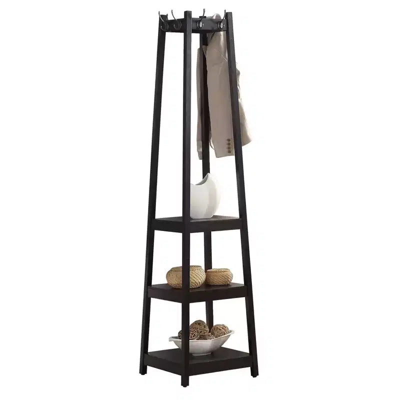 Okak Freestanding Coat Rack with Wooden Frame, Hall Tree with 3-Tier Storage Shelves and Silver Finish, Coat Tree for Bedroom, Living Room, Black