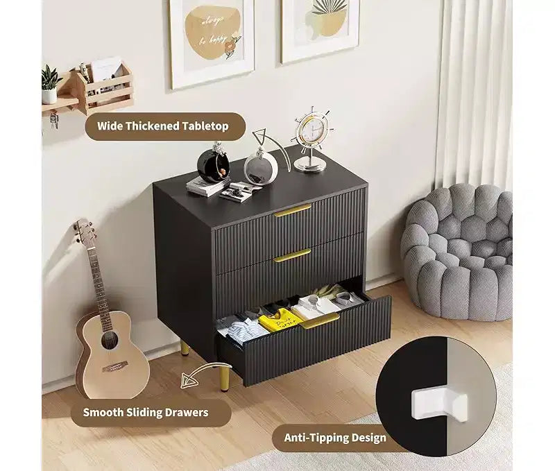 Cassettiera a 3 Cassetti, Comodino Moderno Scanalato di Metà Secolo con Maniglie e Gambe in Metallo, Tavolino da Comodino per Camera da Letto, Soggiorno, Corridoio, Appartamento