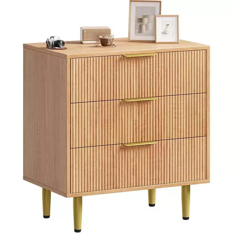 3 Drawer Dresser, Mid Century Modern Fluted Nightstand with Metal Handles & Legs, Bedside End Table for Bedroom, Living Room, Hallway, Apartment