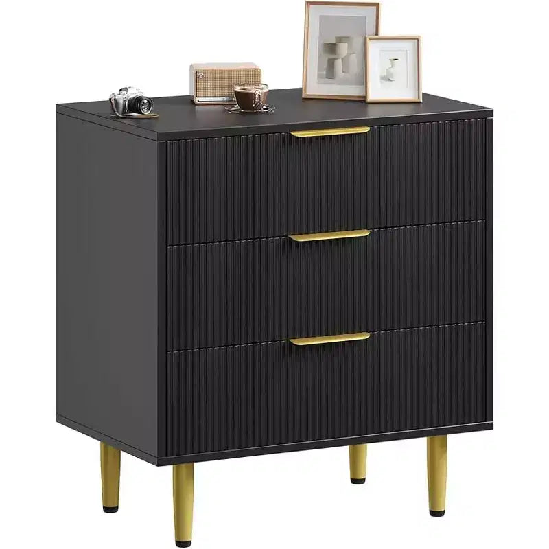 Cassettiera a 3 Cassetti, Comodino Moderno Scanalato di Metà Secolo con Maniglie e Gambe in Metallo, Tavolino da Comodino per Camera da Letto, Soggiorno, Corridoio, Appartamento