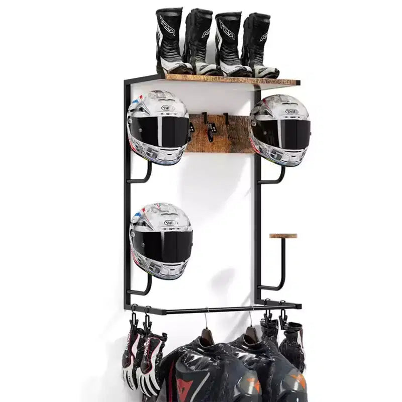 Wooden Motorcycle Helmet Holder C Wall-Mounted Rustic Shelf with 4 Hat Stands, 4 Hooks & 4 Glove Clips for Gear Storage