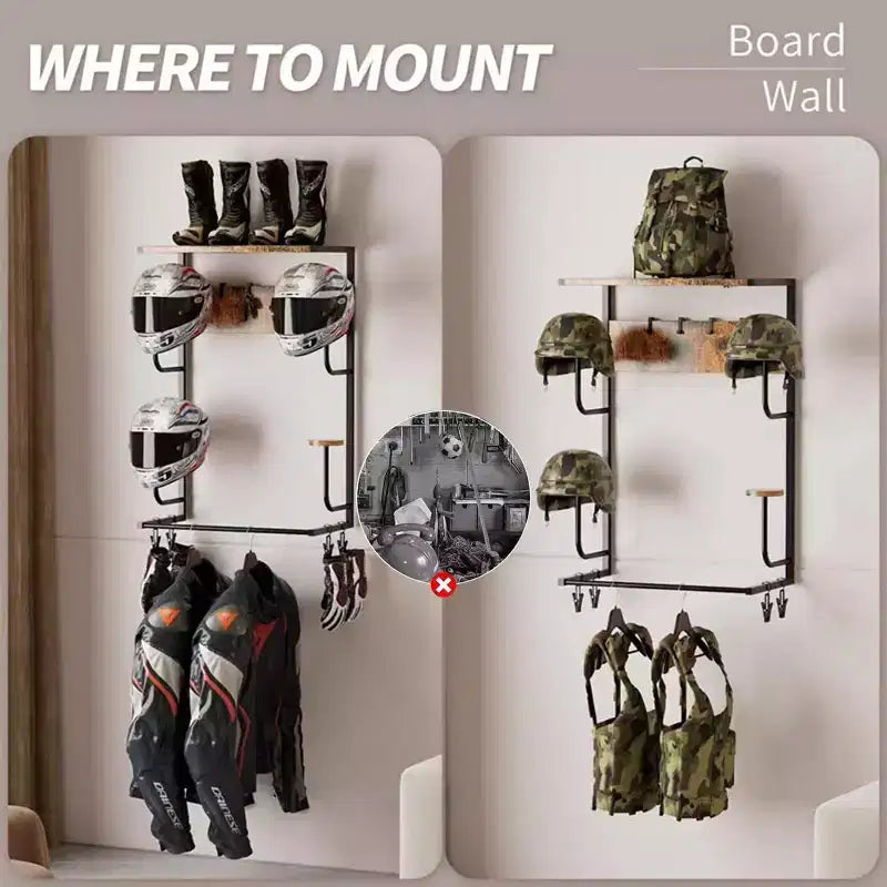 Supporto in Legno per Casco da Moto a Muro, Scaffale Rustico con 4 Supporti per Cappelli, 4 Ganci e 4 Clip per Guanti per Organizzare l'Attrezzatura
