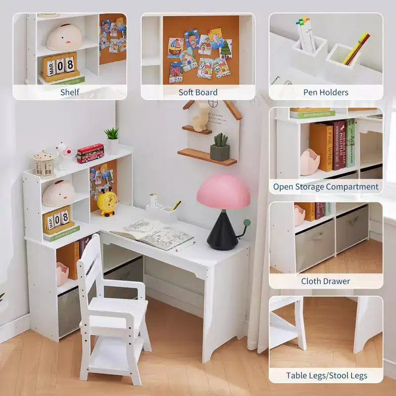 Scrivania ad Angolo per Bambini, Set Scrivania e Sedia per Bambini, Tavolo Studio a L per Bambini - Include Bacheca, Scaffali Aperti e Armadietti e Cassetti Contenitori