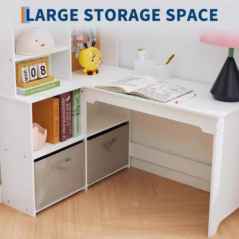 Scrivania ad Angolo per Bambini, Set Scrivania e Sedia per Bambini, Tavolo Studio a L per Bambini - Include Bacheca, Scaffali Aperti e Armadietti e Cassetti Contenitori