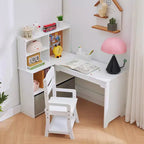 Scrivania ad Angolo per Bambini, Set Scrivania e Sedia per Bambini, Tavolo Studio a L per Bambini - Include Bacheca, Scaffali Aperti e Armadietti e Cassetti Contenitori