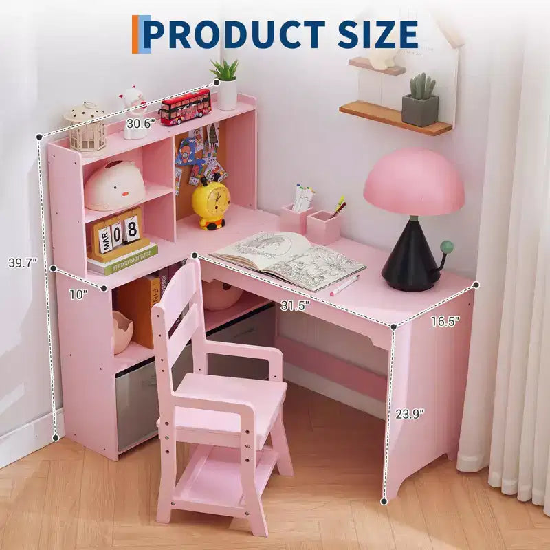 Scrivania ad Angolo per Bambini, Set Scrivania e Sedia per Bambini, Tavolo Studio a L per Bambini - Include Bacheca, Scaffali Aperti e Armadietti e Cassetti Contenitori