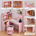 Scrivania ad Angolo per Bambini, Set Scrivania e Sedia per Bambini, Tavolo Studio a L per Bambini - Include Bacheca, Scaffali Aperti e Armadietti e Cassetti Contenitori