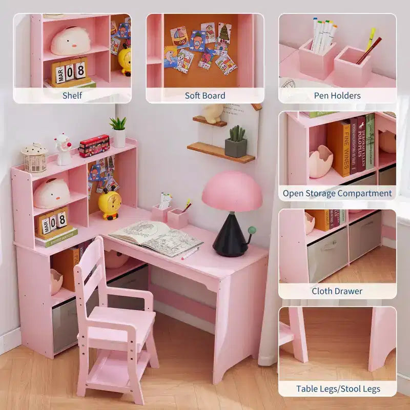 Scrivania ad Angolo per Bambini, Set Scrivania e Sedia per Bambini, Tavolo Studio a L per Bambini - Include Bacheca, Scaffali Aperti e Armadietti e Cassetti Contenitori