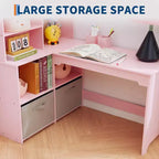 Scrivania ad Angolo per Bambini, Set Scrivania e Sedia per Bambini, Tavolo Studio a L per Bambini - Include Bacheca, Scaffali Aperti e Armadietti e Cassetti Contenitori