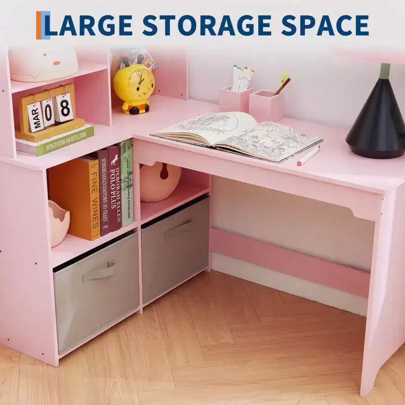 Scrivania ad Angolo per Bambini, Set Scrivania e Sedia per Bambini, Tavolo Studio a L per Bambini - Include Bacheca, Scaffali Aperti e Armadietti e Cassetti Contenitori