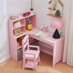 Scrivania ad Angolo per Bambini, Set Scrivania e Sedia per Bambini, Tavolo Studio a L per Bambini - Include Bacheca, Scaffali Aperti e Armadietti e Cassetti Contenitori
