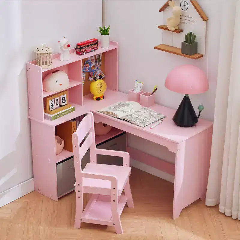 Scrivania ad Angolo per Bambini, Set Scrivania e Sedia per Bambini, Tavolo Studio a L per Bambini - Include Bacheca, Scaffali Aperti e Armadietti e Cassetti Contenitori