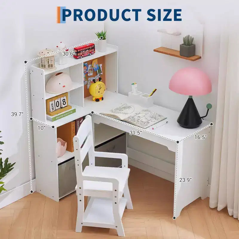 Scrivania ad Angolo per Bambini, Set Scrivania e Sedia per Bambini, Tavolo Studio a L per Bambini - Include Bacheca, Scaffali Aperti e Armadietti e Cassetti Contenitori