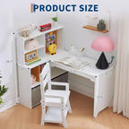 Scrivania ad Angolo per Bambini, Set Scrivania e Sedia per Bambini, Tavolo Studio a L per Bambini - Include Bacheca, Scaffali Aperti e Armadietti e Cassetti Contenitori