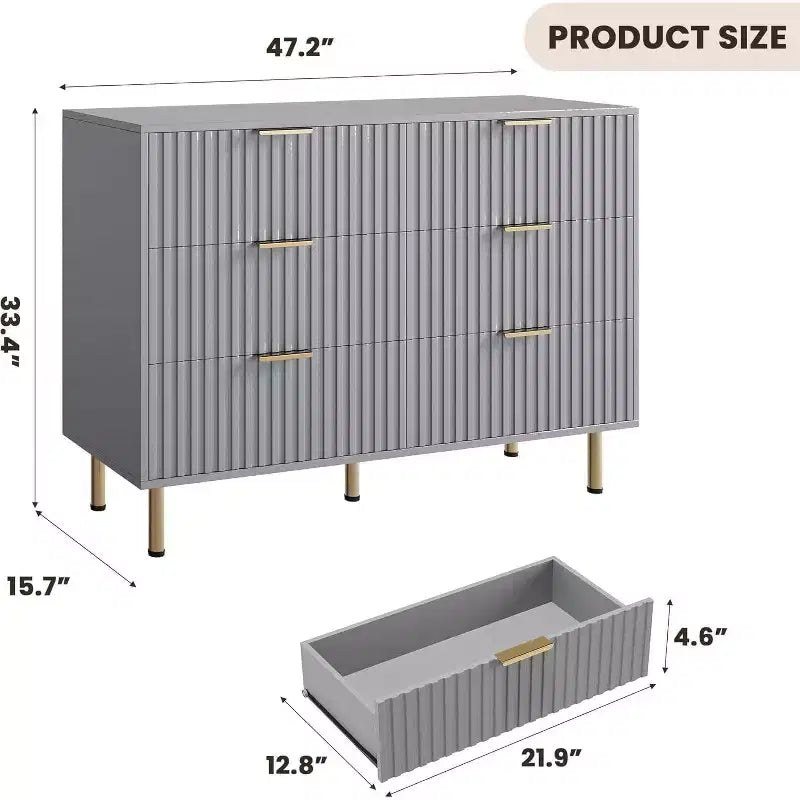 Credenza moderna con 6 cassetti profondi a coste e gambe in metallo, cassettiera organizer in legno, tavolino per camera da letto, soggiorno, corridoio, camera dei bambini