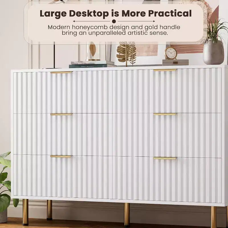 Credenza moderna con 6 cassetti profondi a coste e gambe in metallo, cassettiera organizer in legno, tavolino per camera da letto, soggiorno, corridoio, camera dei bambini