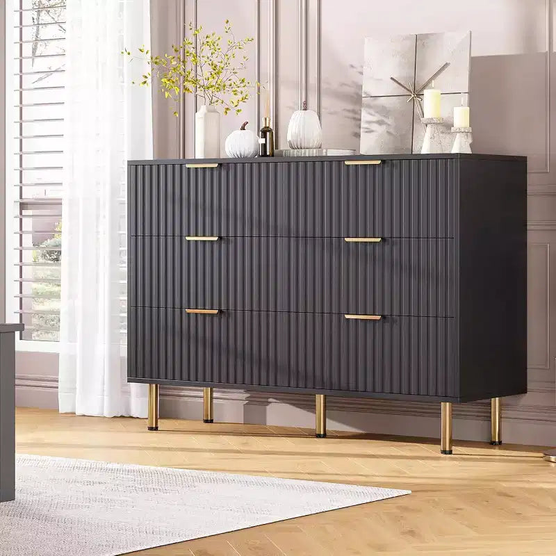 Credenza moderna con 6 cassetti profondi a coste e gambe in metallo, cassettiera organizer in legno, tavolino per camera da letto, soggiorno, corridoio, camera dei bambini