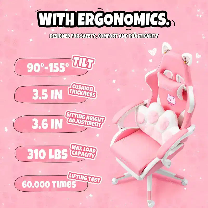 Okak Sedia Girevole da Gaming per Gatti Moderna e Carina con Cuscino Lombare a Zampa, Sedia da Lavoro Ergonomica Elevata Sedia da Computer per Adulti