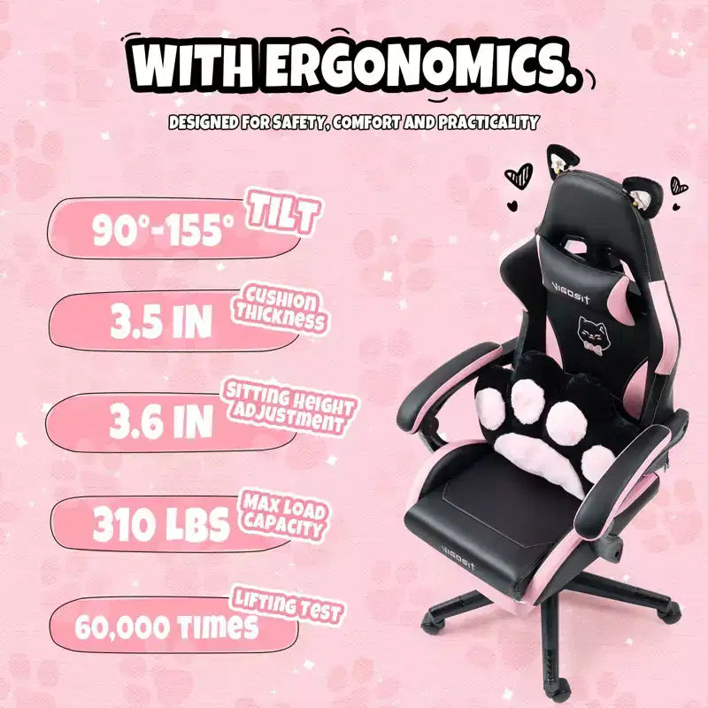 Okak Sedia Girevole da Gaming per Gatti Moderna e Carina con Cuscino Lombare a Zampa, Sedia da Lavoro Ergonomica Elevata Sedia da Computer per Adulti