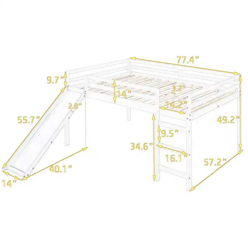 Whisen letto a soppalco con letto matrimoniale, struttura del letto con scivolo e sponda di sicurezza a tutta lunghezza, design multifunzionale - Bianco