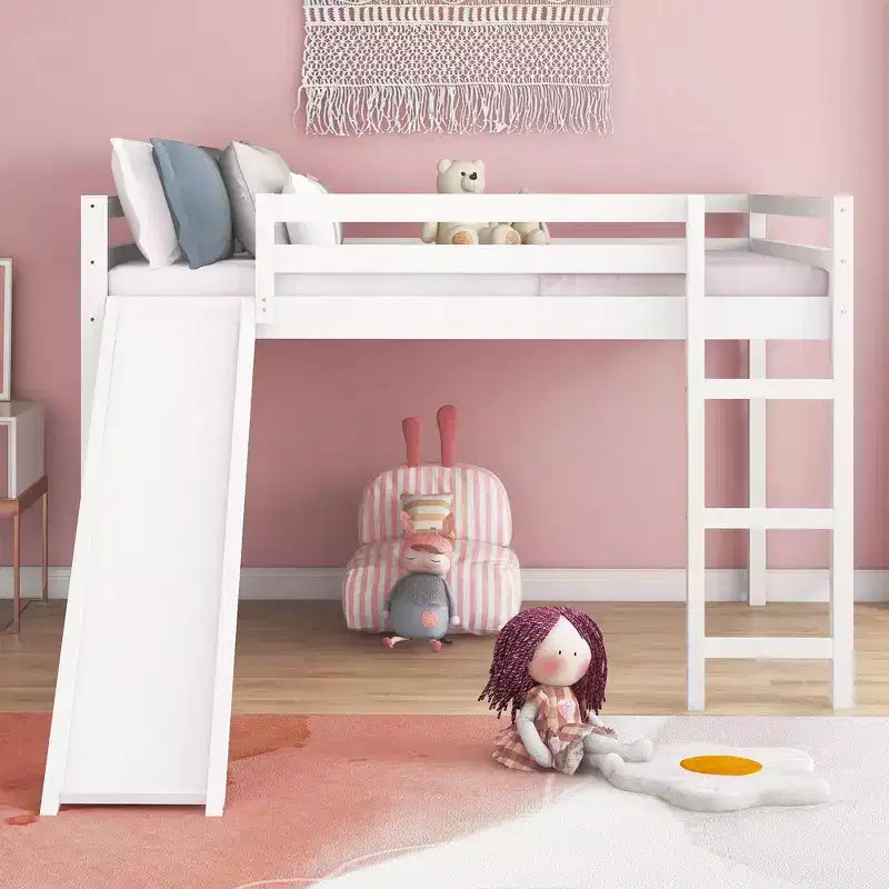Whisen letto a soppalco con letto matrimoniale, struttura del letto con scivolo e sponda di sicurezza a tutta lunghezza, design multifunzionale - Bianco
