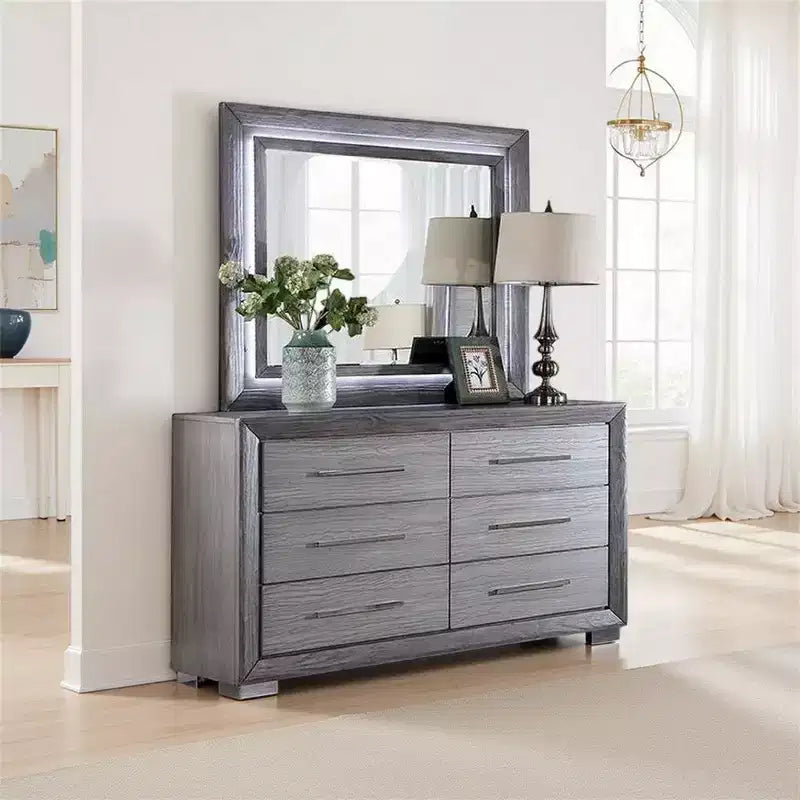 Royal Hampton Dresser Mirror, White LED Lights, 46 Inch Gray Solid Wood Frame