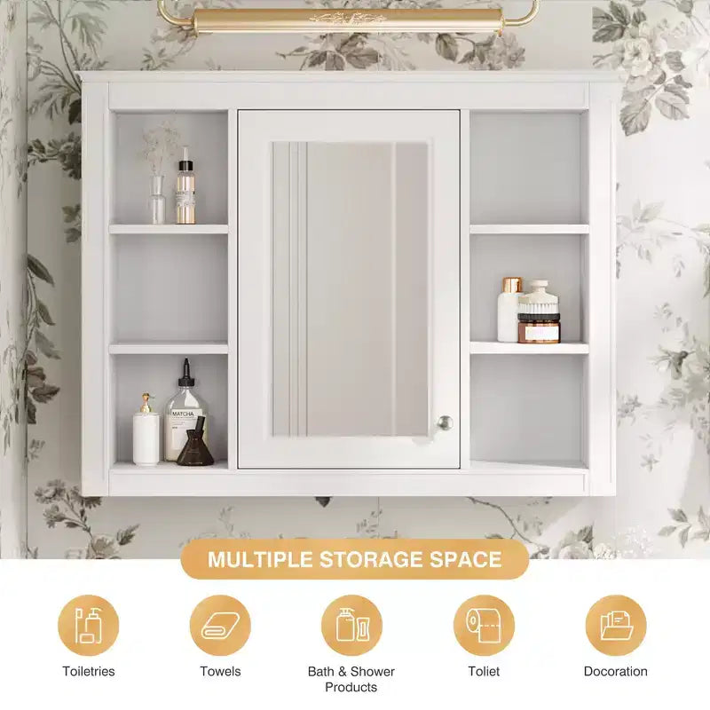 MAYEERTY 27.5 Mobiletto dei medicinali, Armadietto pensile da bagno con specchio e 6 ripiani aperti, Bianco moderno
