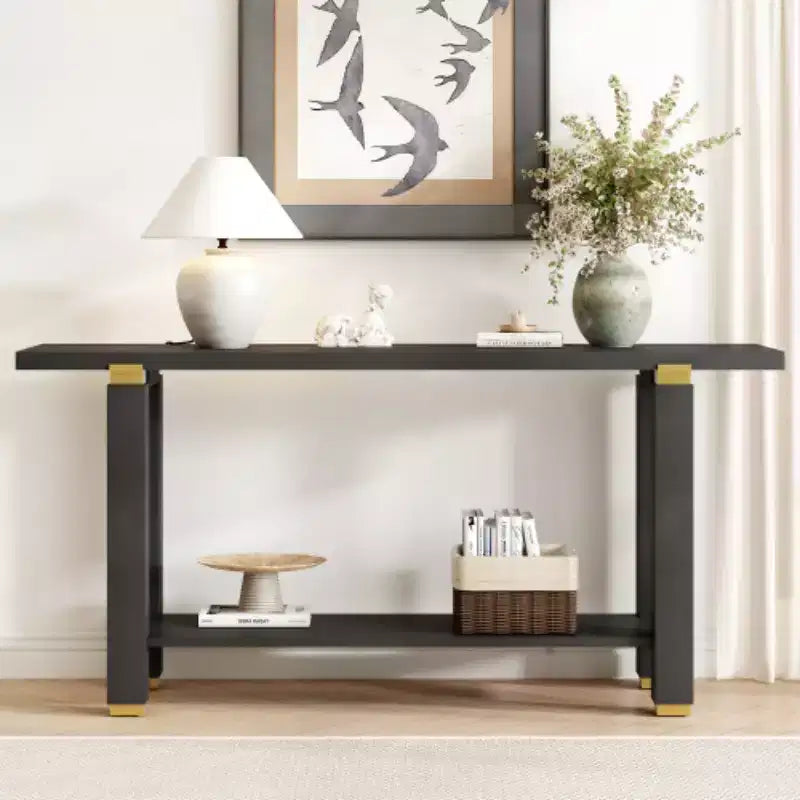 62,9 Tavolino Console Moderno Minimalista, Tavolo da Ingresso in Legno con Ripiano e Dettagli in Metallo per Corridoio, Salotto o Dietro il Divano - Panipeachy