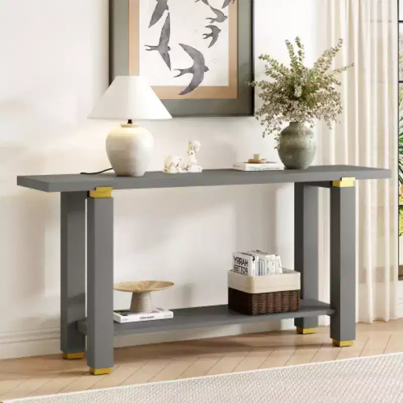 62,9 Tavolino Console Moderno Minimalista, Tavolo da Ingresso in Legno con Ripiano e Dettagli in Metallo per Corridoio, Salotto o Dietro il Divano - Panipeachy