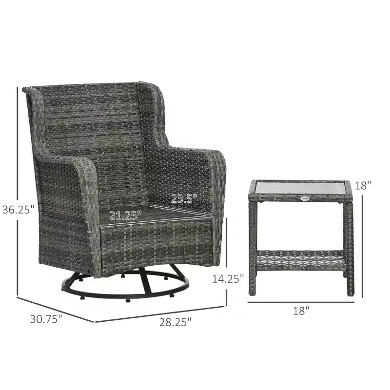 Set bistrò da patio, mobili da portico con rotazione a 360 gradi e funzione dondolo, 28,25x30,75x36,25