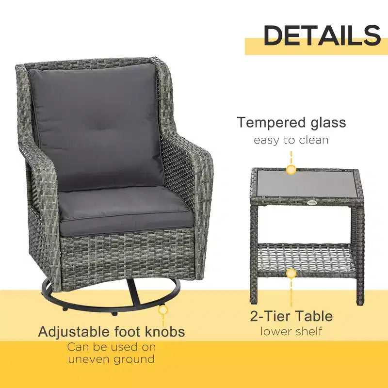 Set bistrò da patio, mobili da portico con rotazione a 360 gradi e funzione dondolo, 28,25x30,75x36,25