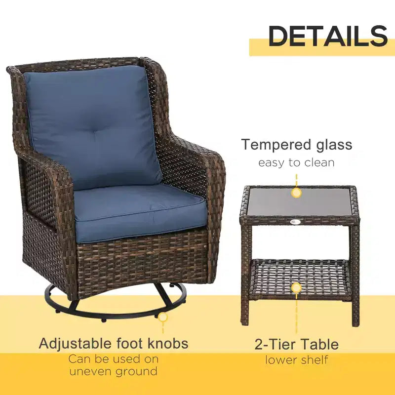 Set bistrò da patio, mobili da portico con rotazione a 360 gradi e funzione dondolo, 28,25x30,75x36,25