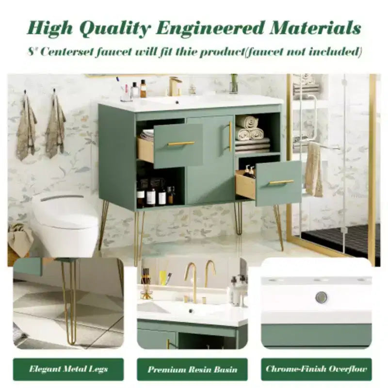 Mobile bagno da 90 cm con lavabo, top in resina, 2 cassetti e 2 ripiani a giorno, mobiletto contenitore per bagno di casa