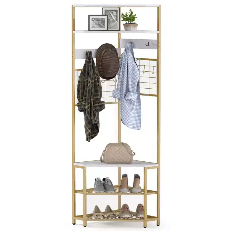 Costway 5-Tier Corner Hall Tree w/ Shoe Storage Bench 12 Metal Hooks for Living Room White & Gold