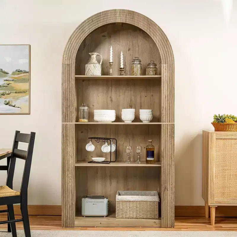 Okak Libreria alta ad arco a 4 ripiani stile Mid-Century, mobiletto in legno per ufficio, soggiorno, scaffale aperto