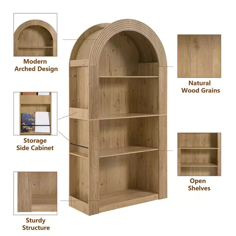 Okak Libreria alta ad arco a 4 ripiani stile Mid-Century, mobiletto in legno per ufficio, soggiorno, scaffale aperto