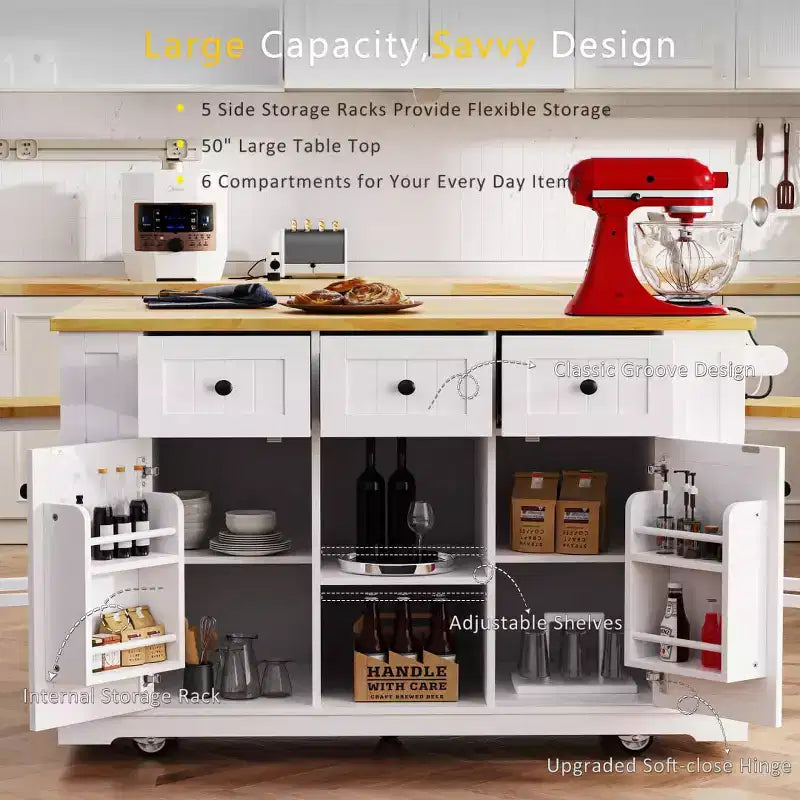 Set di 3 per isola da cucina, carrello mobile con 2 sgabelli da bar, tavolo con 3 cassetti, ante a ribalta a 2 ante, presa di corrente per sala da pranzo