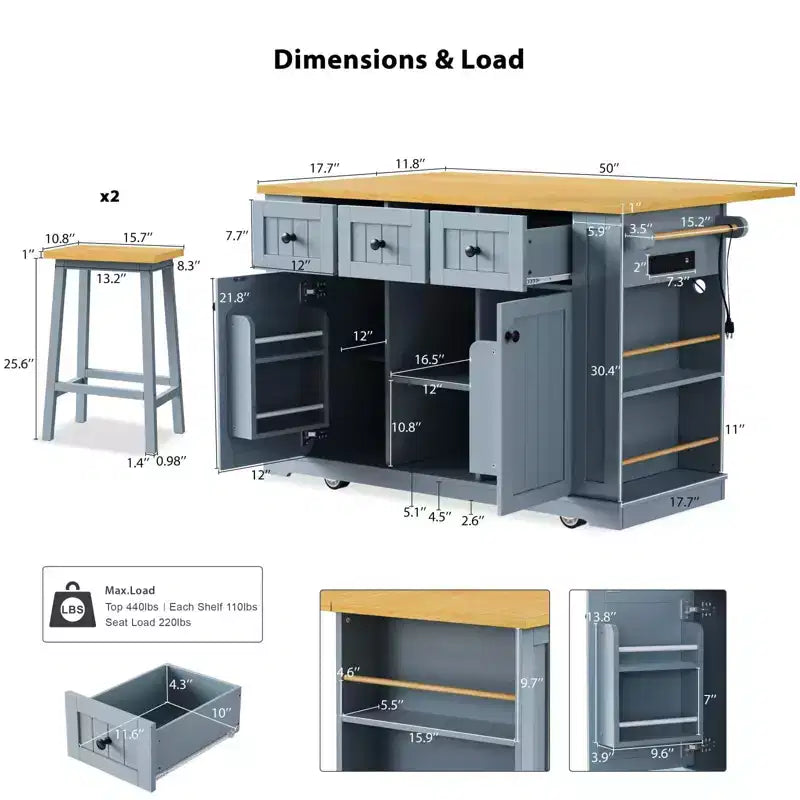 Set di 3 per isola da cucina, carrello mobile con 2 sgabelli da bar, tavolo con 3 cassetti, ante a ribalta a 2 ante, presa di corrente per sala da pranzo