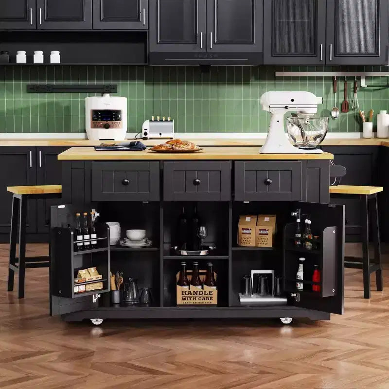 Kitchen Island Set Of 3, Rolling Cart With 2 Bar Stools, Table With 3 Drawers, 2 Door Drop Leaf, Power Outlet For Dining Room