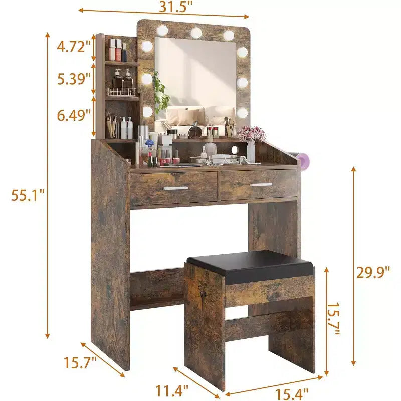 Toeletta con specchio e luci per camera da letto, tavolo da trucco con 2 cassetti, 3 modalità di illuminazione e LED dimmerabili, Toeletta con specchio e luci per camera da letto