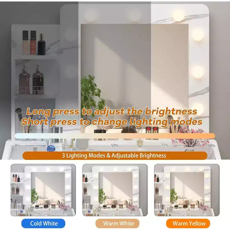 Toeletta con specchio e luci per camera da letto, tavolo da trucco con 2 cassetti, 3 modalità di illuminazione e LED dimmerabili, Toeletta con specchio e luci per camera da letto