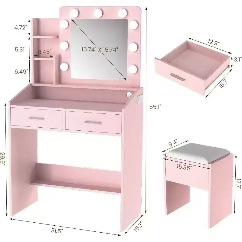 Toeletta con specchio e luci per camera da letto, tavolo da trucco con 2 cassetti, 3 modalità di illuminazione e LED dimmerabili, Toeletta con specchio e luci per camera da letto