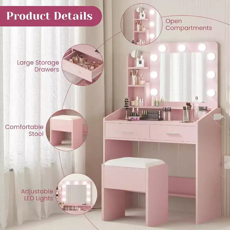 Toeletta con specchio e luci per camera da letto, tavolo da trucco con 2 cassetti, 3 modalità di illuminazione e LED dimmerabili, Toeletta con specchio e luci per camera da letto